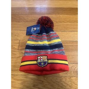 FC Barcelona Knitted Soccer Beanie Pom Cuff Winter Hat‎ NWT OSFM Soccer Blue Red